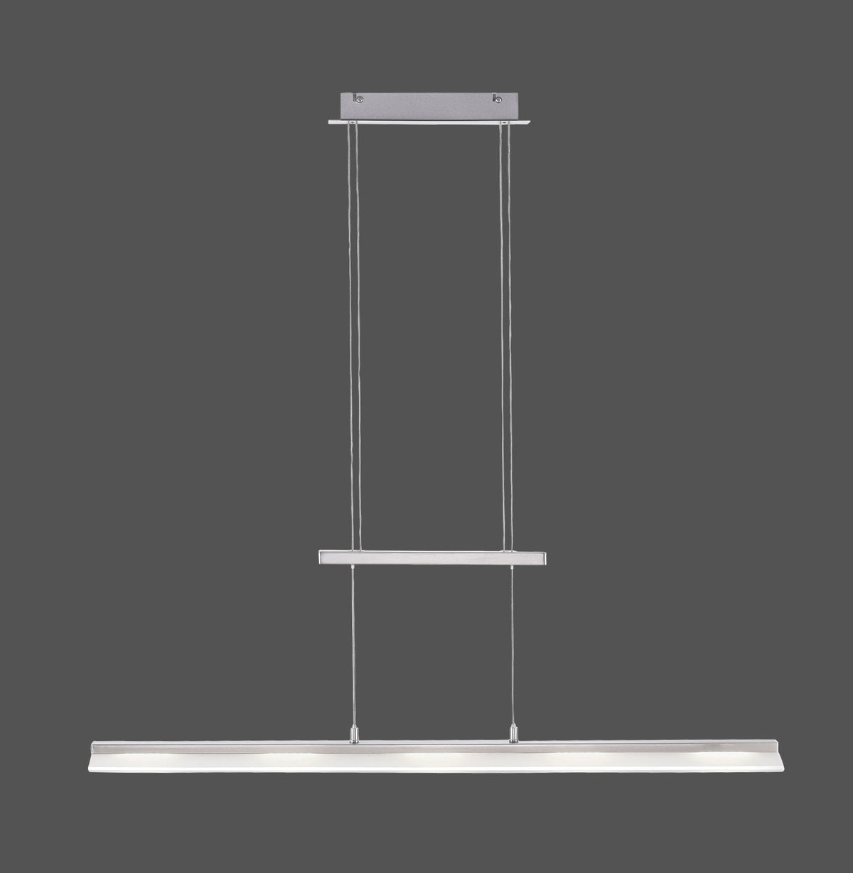 Suspension linéaire en acier avec diffuseur LED rectangulaire et câbles de fixation.