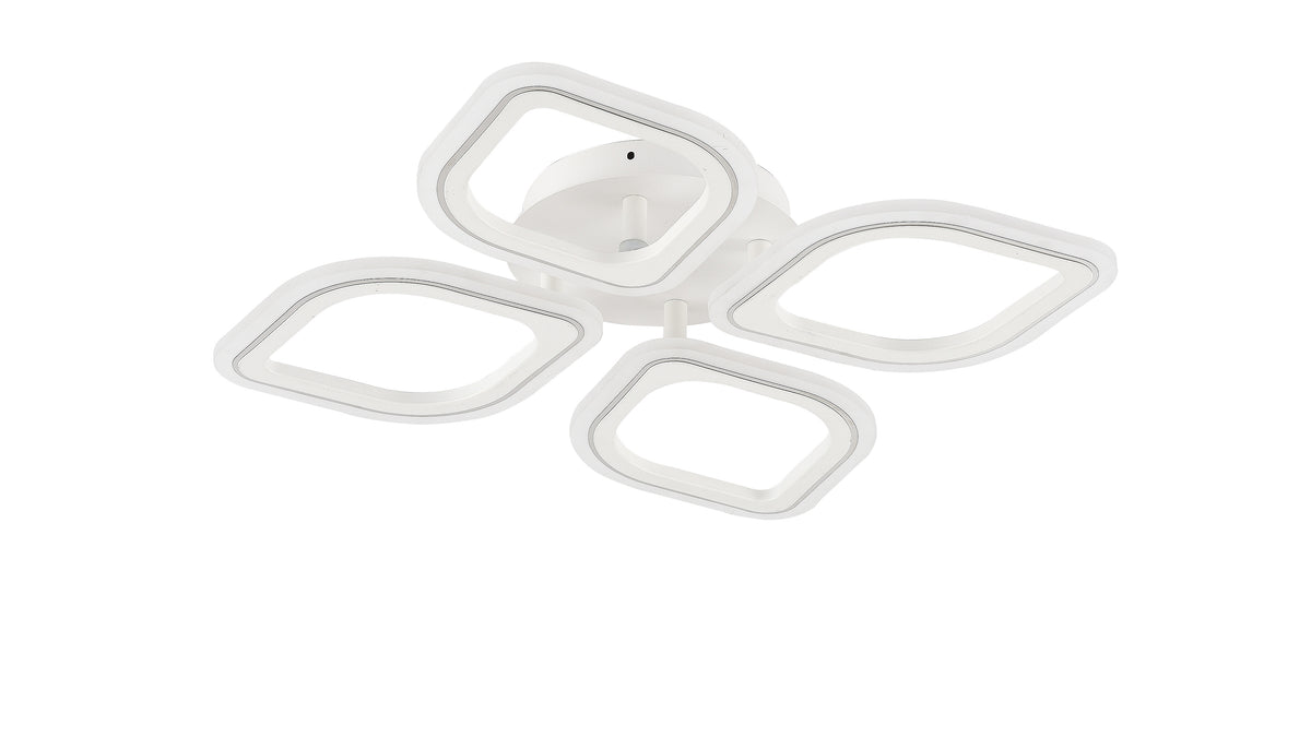 Plafonnier blanc à quatre modules lumineux arrondis, vue de face sur fond blanc.