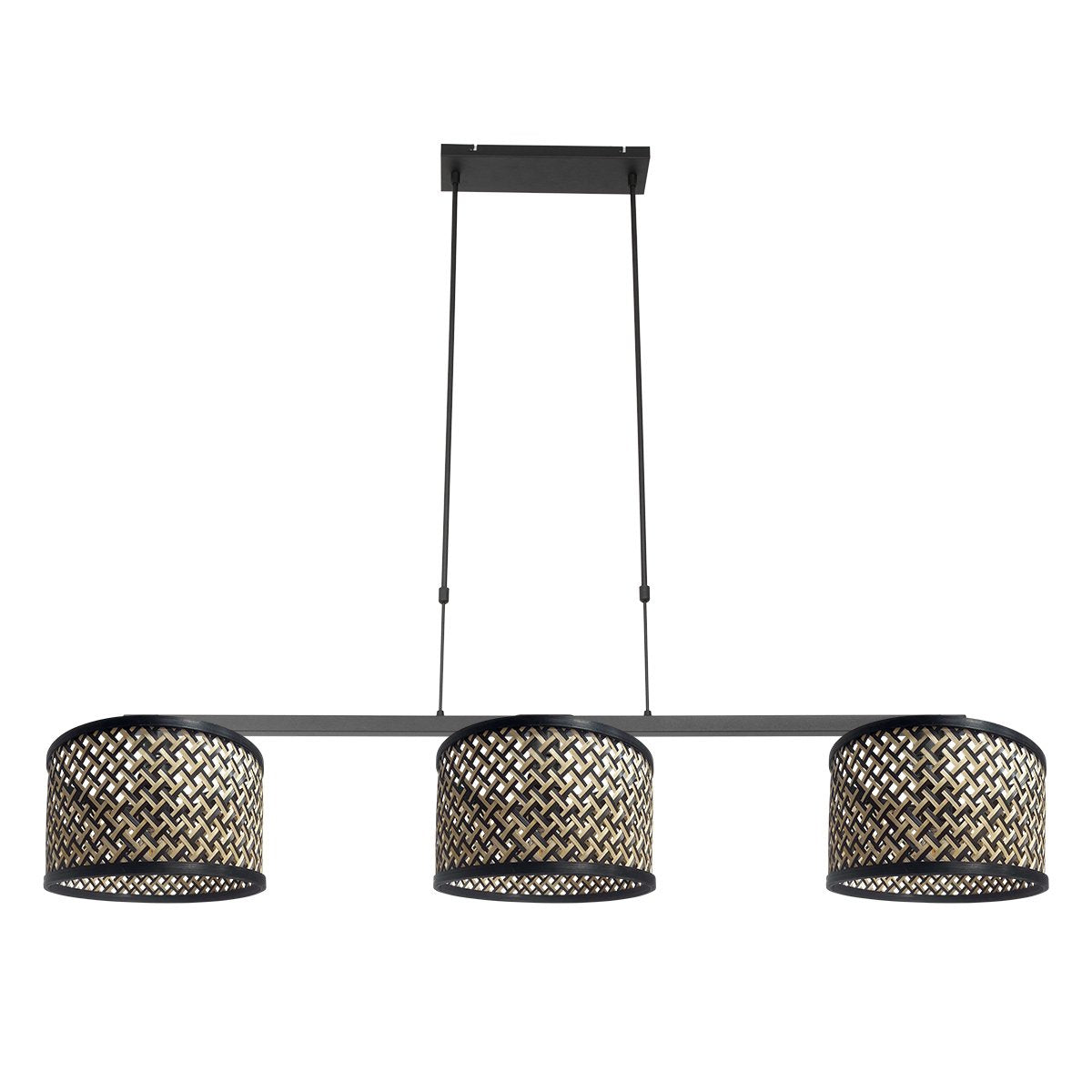 Second angle du luminaire présentant les trois suspensions et leurs cordons réglables