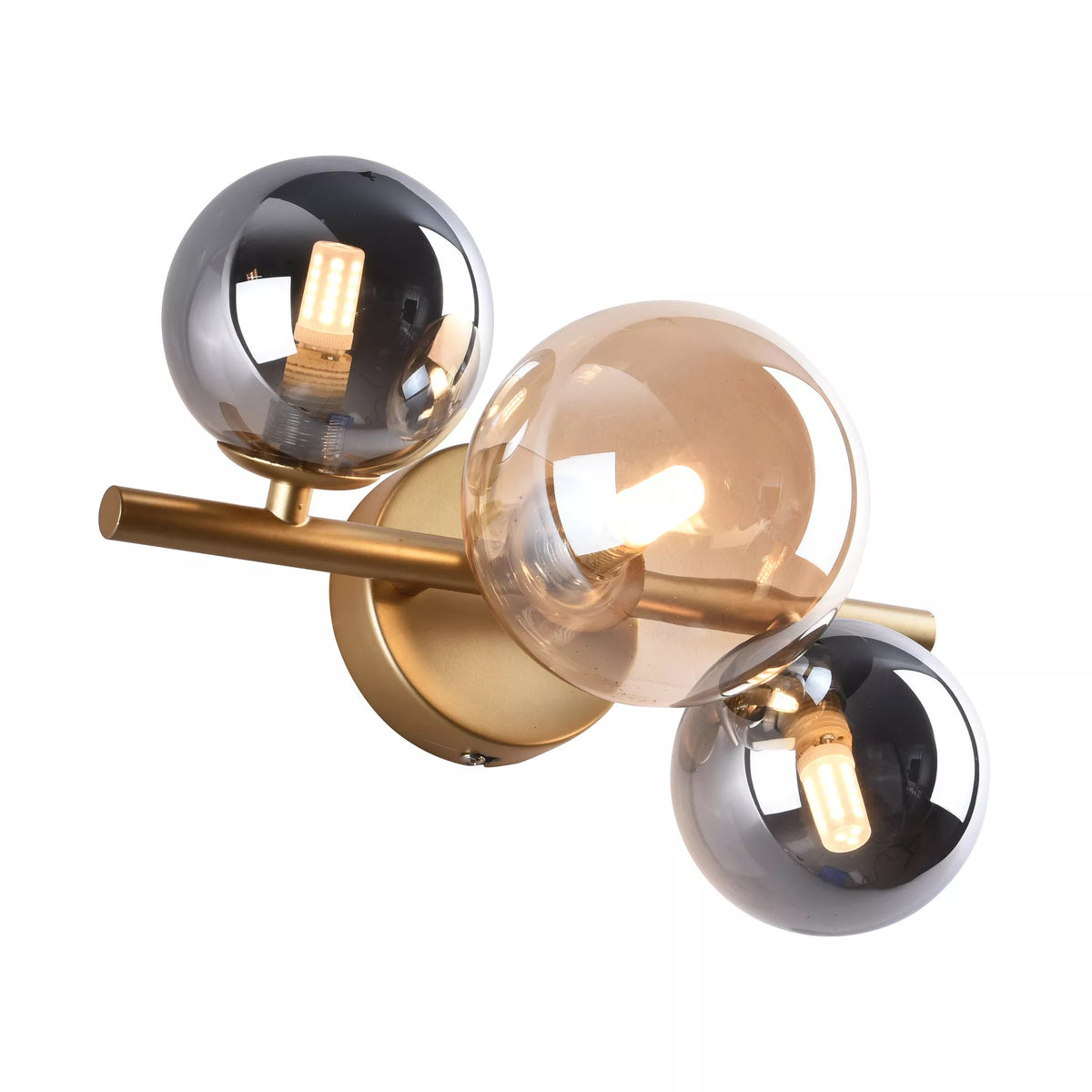 Applique murale dorée avec trois globes en verre, un ambré et deux fumés