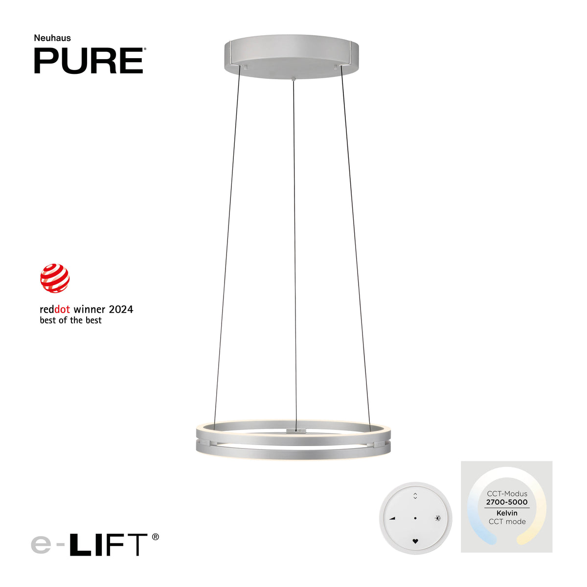 Visuel produit avec logo de marque, télécommande et molette de réglage Kelvin