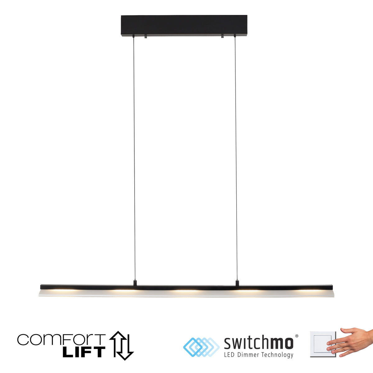 Vue de face sur fond blanc, logos Comfort Lift et Switchmo LED graduable