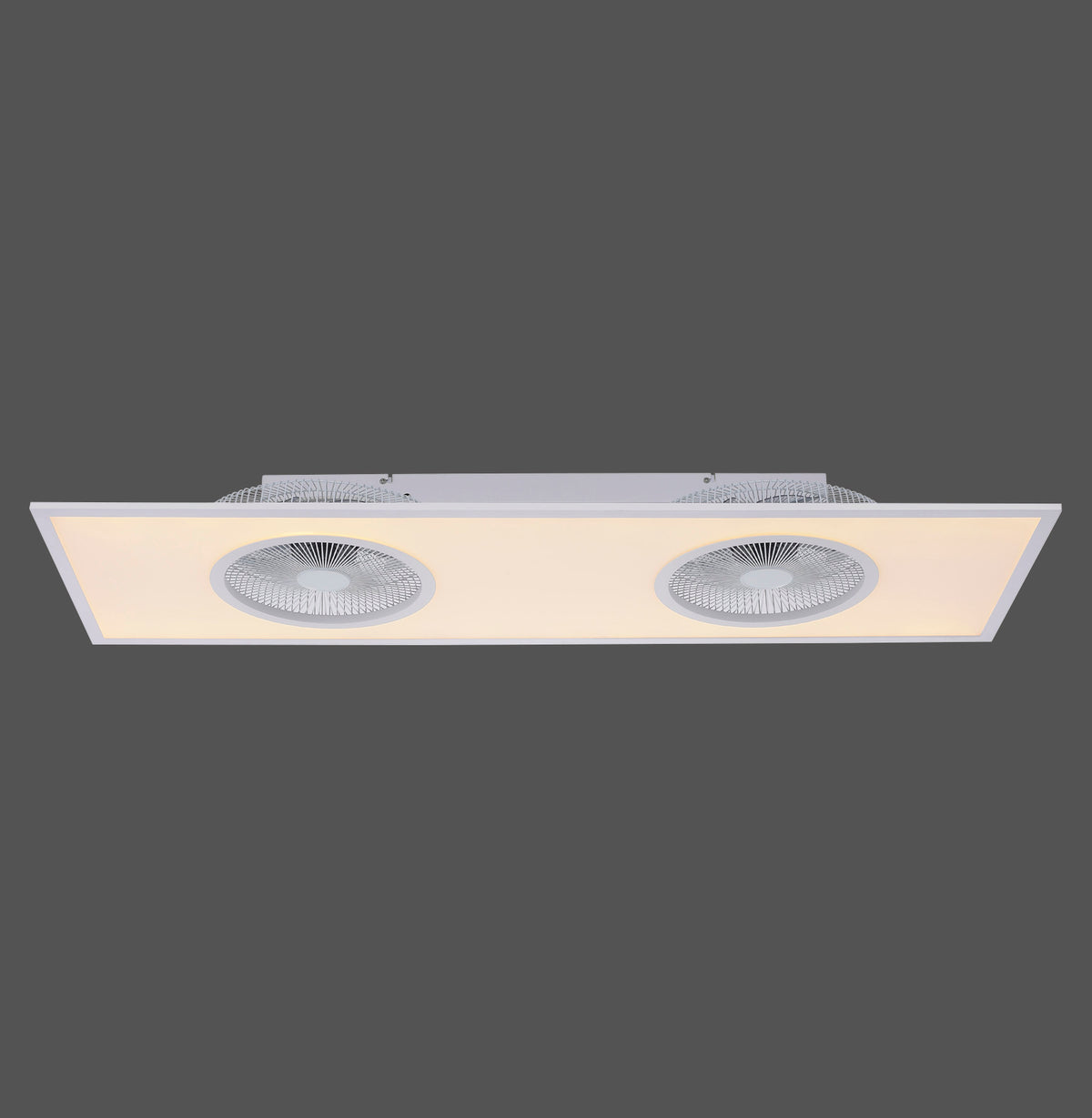 Plafonnier blanc rectangulaire équipé de deux ventilateurs et éclairé en lumière chaude.