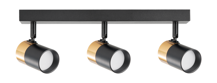 Plafonnier trois spots cylindriques noirs et dorés orientables, vu de face sur fond blanc