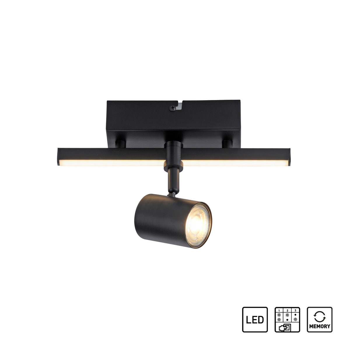 Vue du plafonnier sur fond blanc avec pictogrammes LED et fonction mémoire