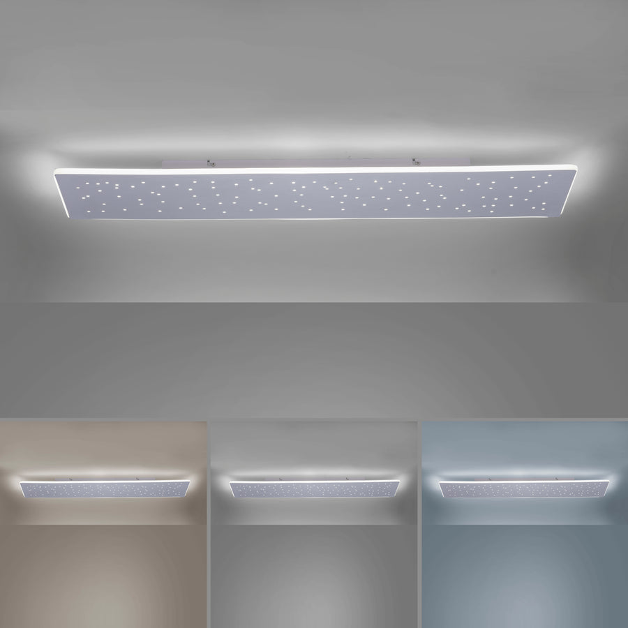 Luminaire allumé sur fond gris, accompagné de trois aperçus de températures de couleur.