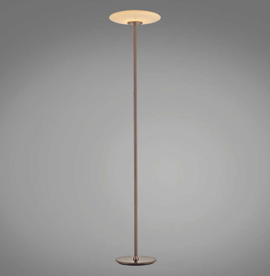 Lampadaire de face, tige fine marron et large diffuseur plat opale allumé