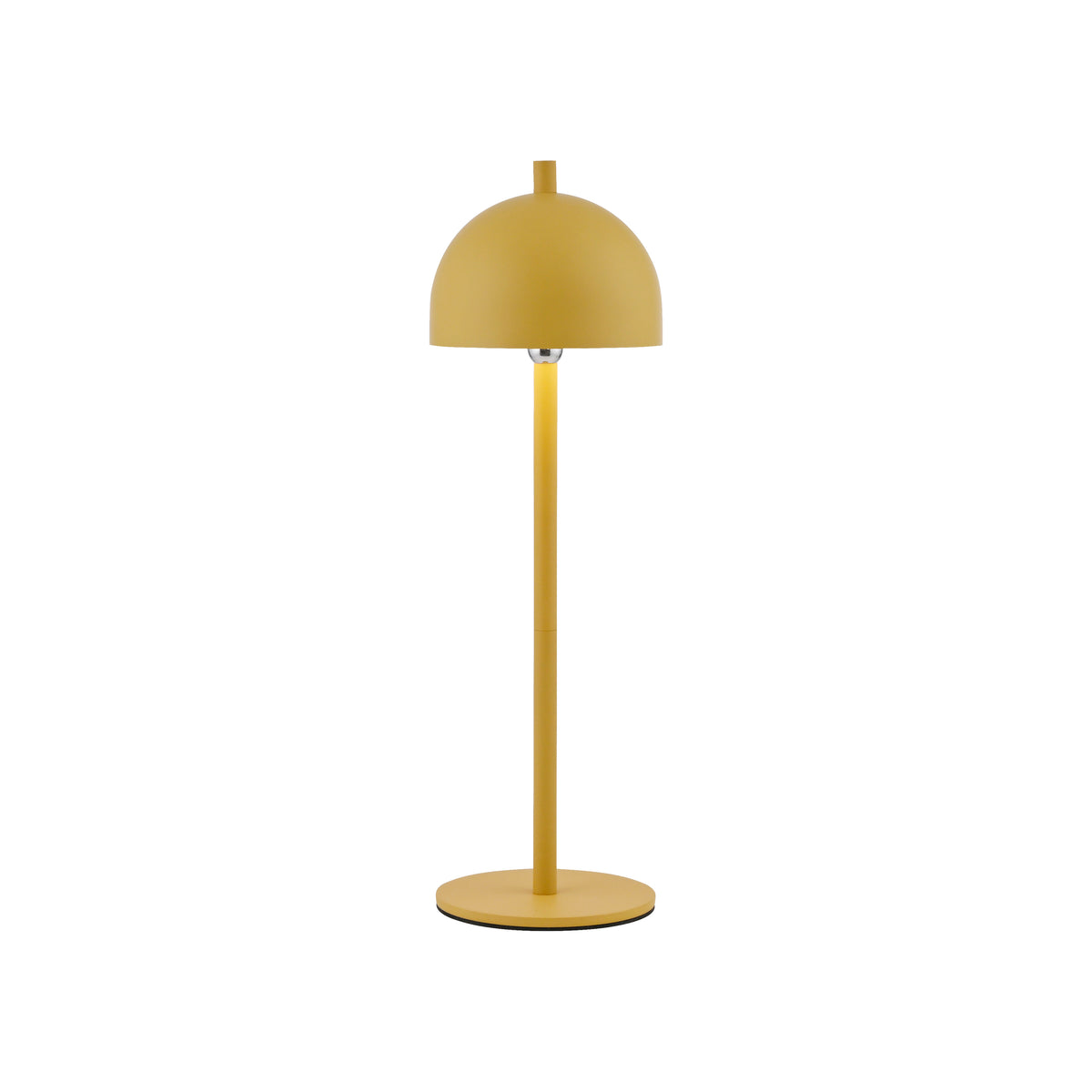 Lampe à poser jaune sur fond blanc, abat-jour demi-sphère et base ronde