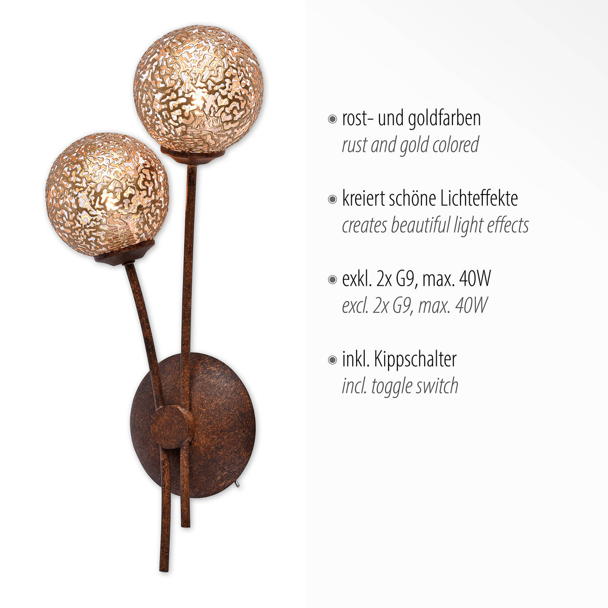 Fiche produit avec texte allemand et anglais sur les caractéristiques : ampoules G9, interrupteur inclus.
