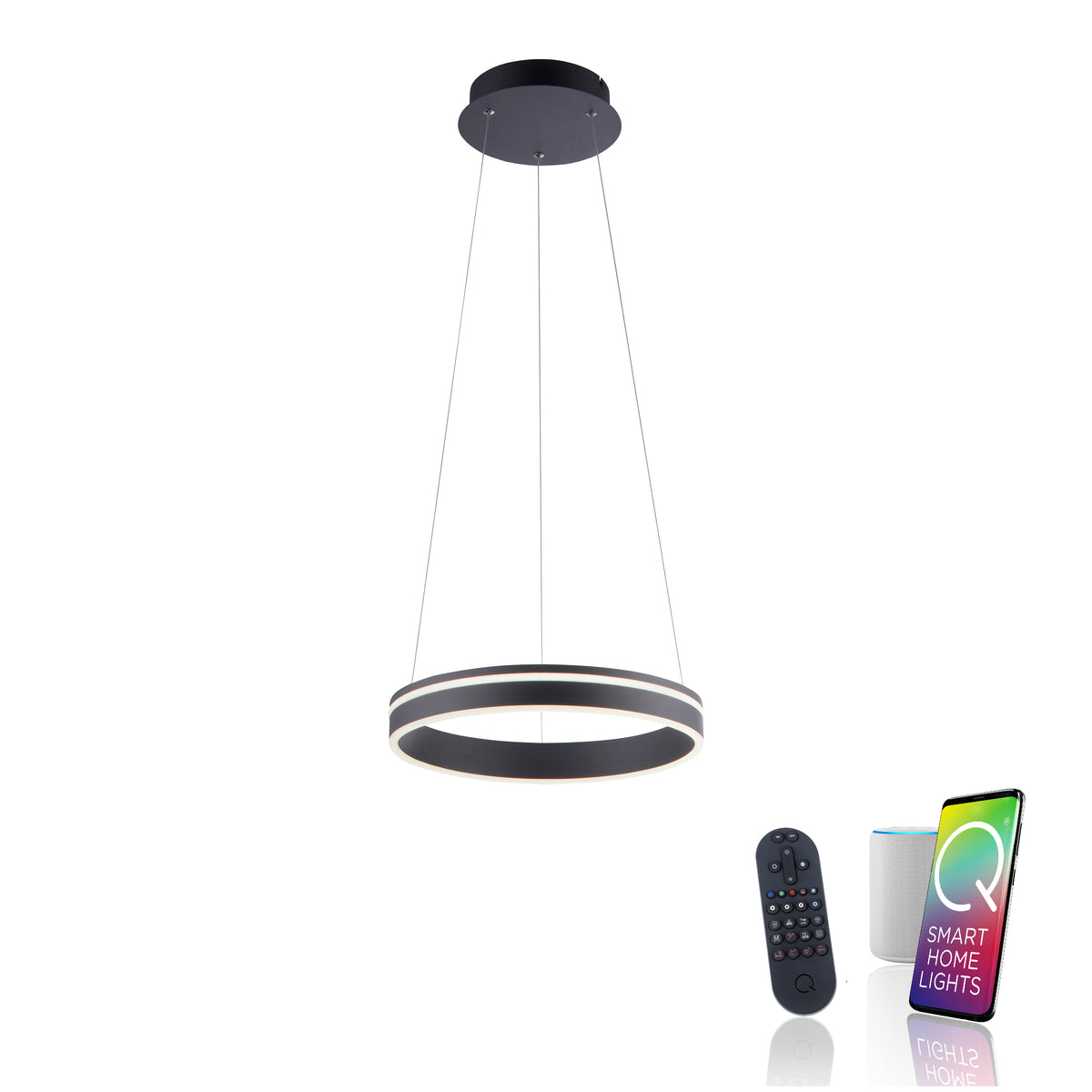 Suspension noire entourée d'une télécommande, d'une enceinte et d'une application smart home.