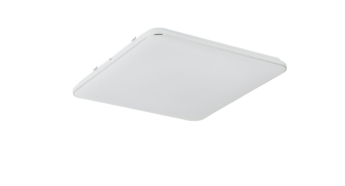 Plafonnier blanc, vue en angle, finition bordée de chrome et diffuseur satiné