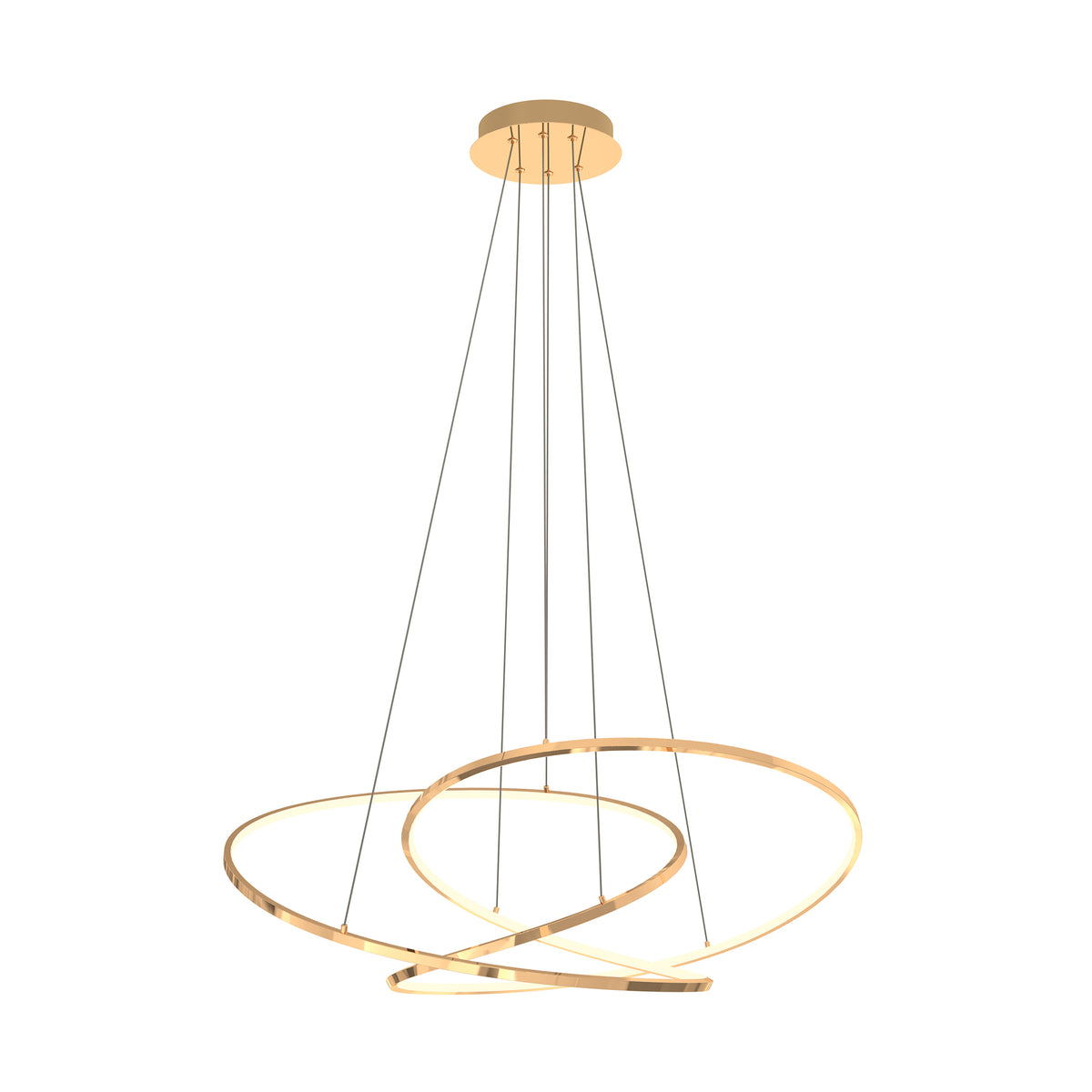 Vue de trois quarts de la suspension dorée avec anneaux LED allumés et lumineux