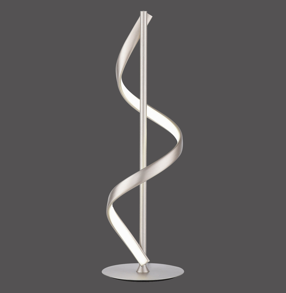 Lampe à poser argentée vue de face, ruban lumineux en spirale sur tige centrale