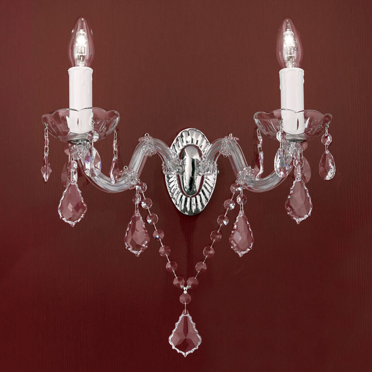 Applique murale Marie-Thérèse en cristal, argenté et transparent, 2 lumières, hauteur 25 cm