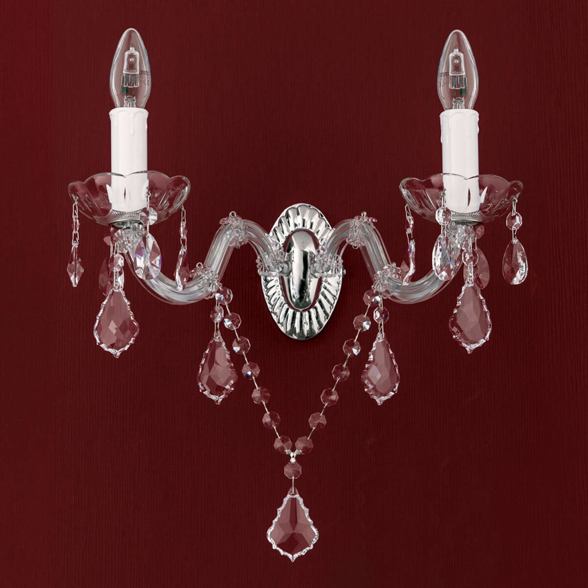 Applique murale Marie-Thérèse en cristal, argenté et transparent, 2 lumières, hauteur 25 cm