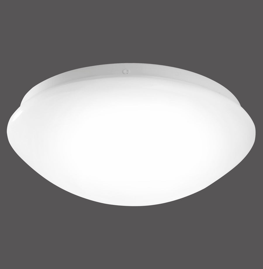 Plafonnier rond blanc en verre opalin, vu de face sur fond gris anthracite.