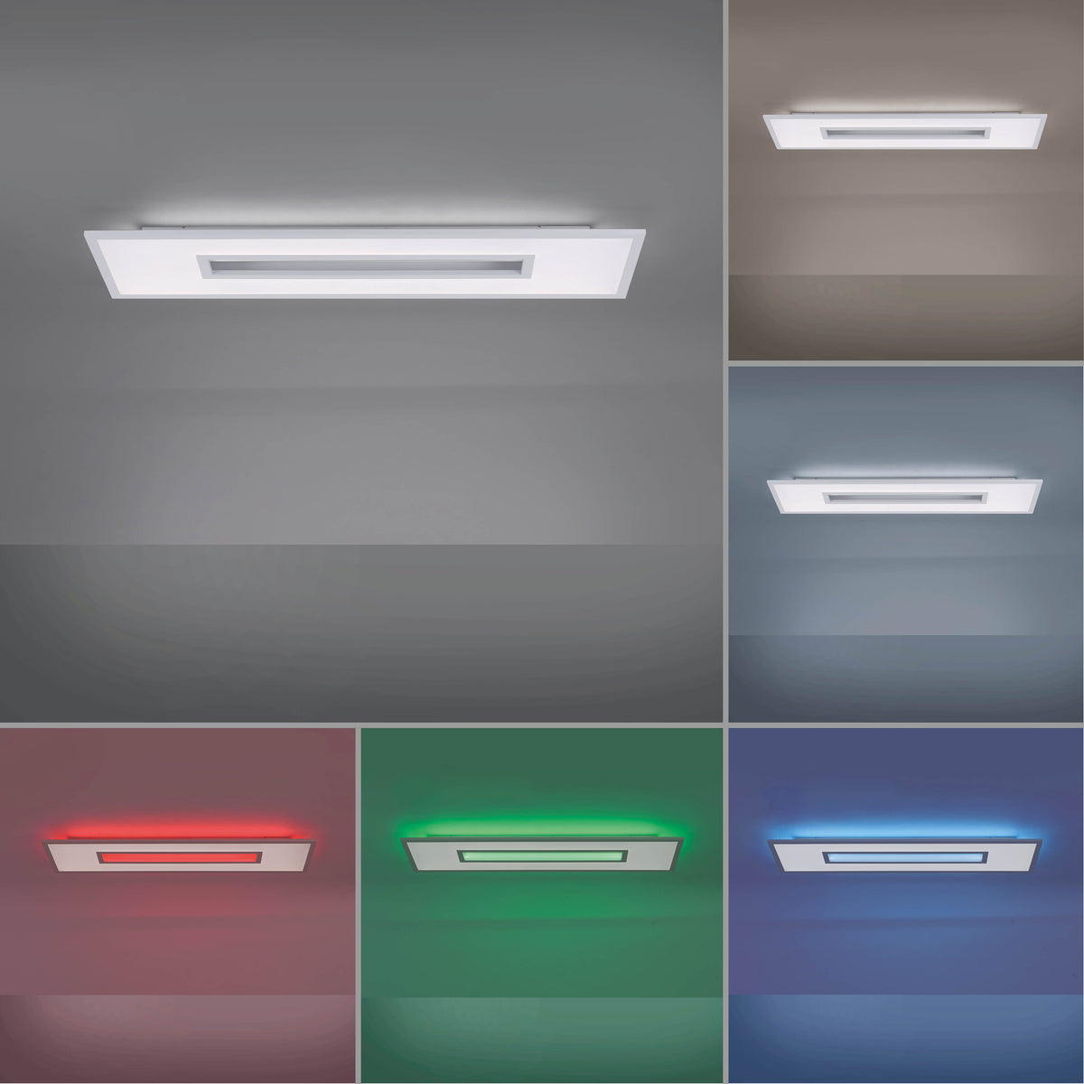 Différents éclairages du plafonnier en blanc, rouge, vert et bleu.