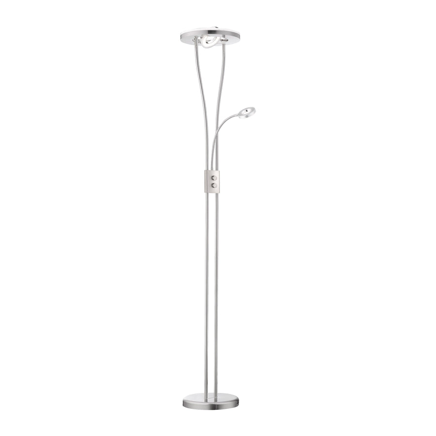 Lampadaire acier fin et élancé, pied plat et tige double, sur fond blanc.