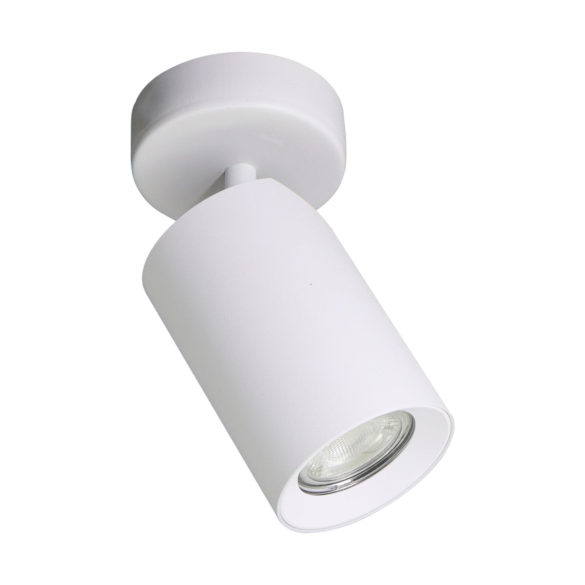 Spot blanc vu de face, corps cylindrique orientable sur base ronde de plafond