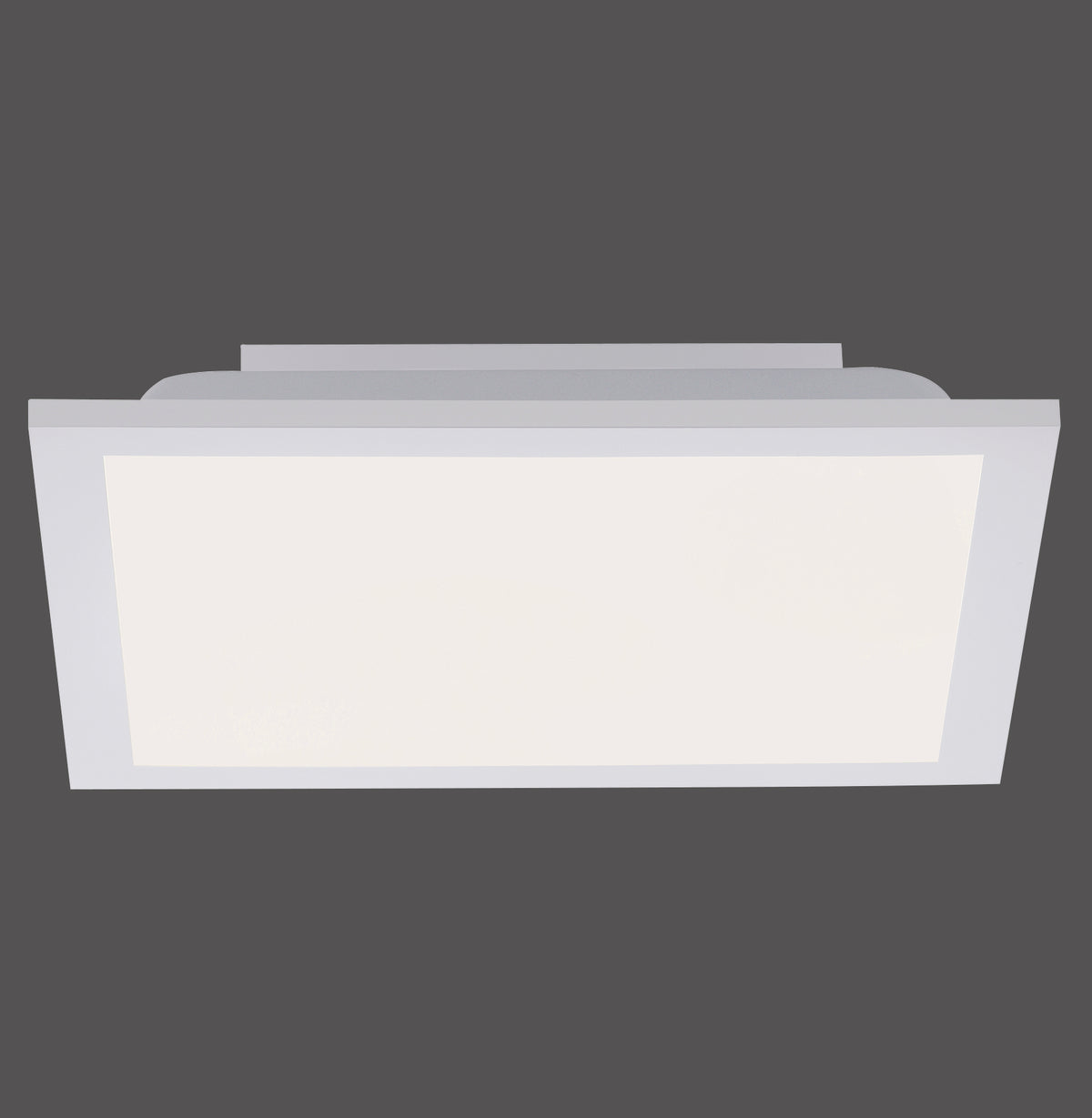 Plafonnier rectangulaire blanc vu de face, diffuseur opale allumé sur fond gris
