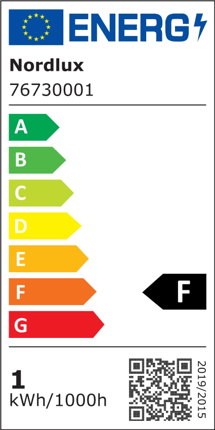 Étiquette énergie européenne du luminaire, classe F, consommation indiquée 1 kWh/1000h