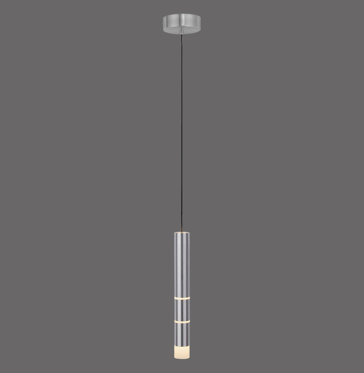 Suspension cylindrique en aluminium avec diffuseur lumineux en bas, suspendue par un câble fin.