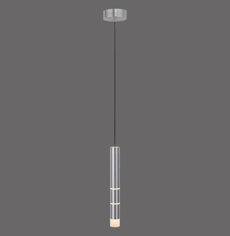 Suspension cylindrique en aluminium avec diffuseur lumineux en bas, suspendue par un câble fin.
