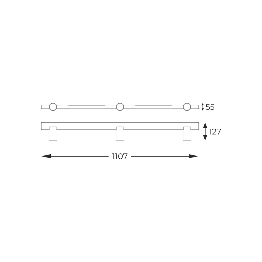 Schéma technique coté du plafonnier : longueur 1107 mm, hauteur 127 mm et largeur 55 mm.