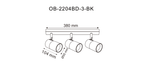 Schéma de dimensions du plafonnier : largeur 380 mm, longueur de spot 104 mm, diamètre 65 mm