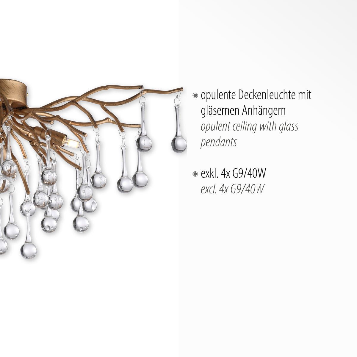 Détail du luminaire avec texte commercial, branches et gouttes de verre.