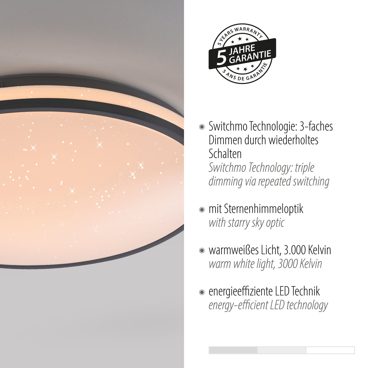 Détail du luminaire avec badge cinq ans de garantie et arguments techniques bilingues