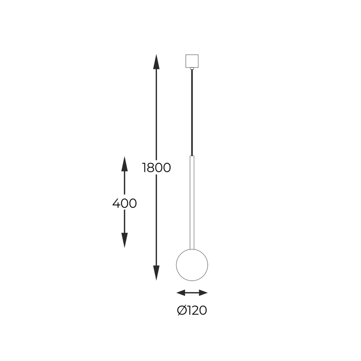 Schéma coté: hauteur totale 1800 mm, tige 400 mm et diamètre 120 mm