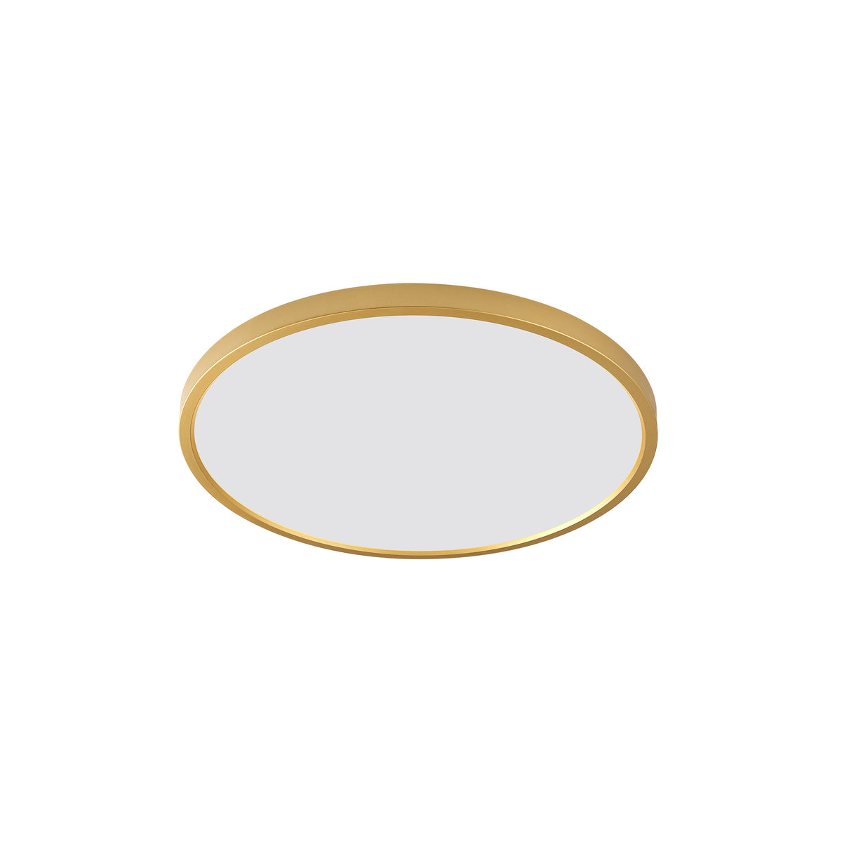 Vue de trois quarts du luminaire rond, cerclage doré et diffuseur blanc opale