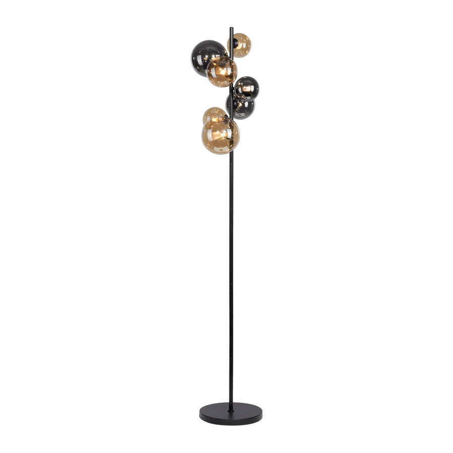 Vue de face du lampadaire noir avec sept boules de verre fumé et ambré.