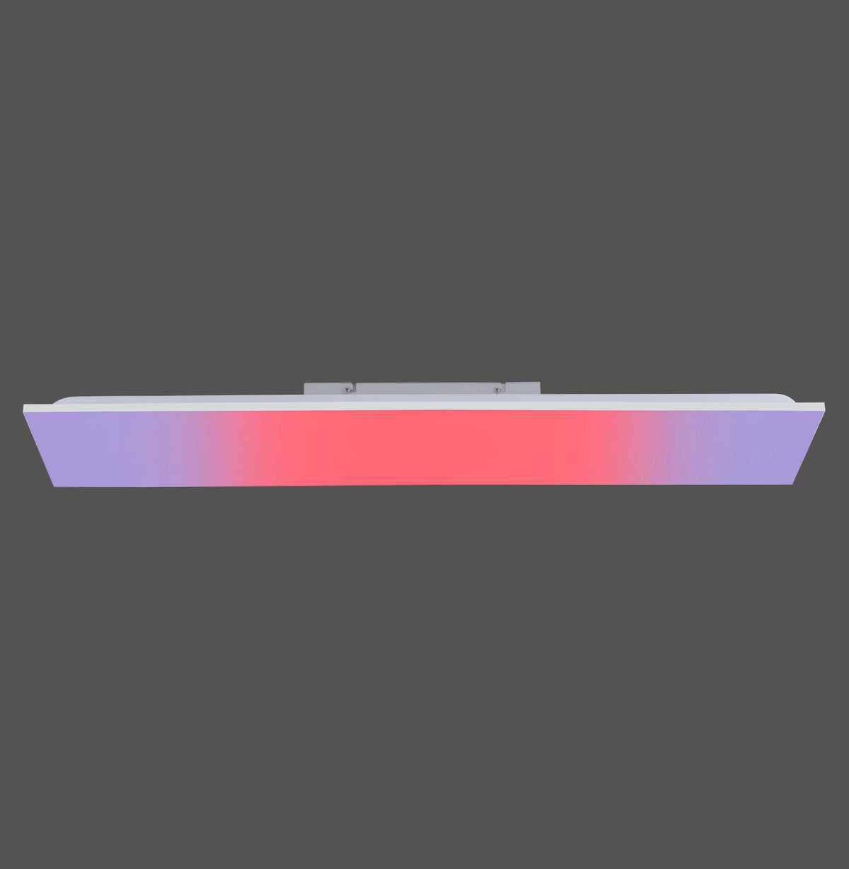 Plafonnier rectangulaire blanc vu de face, diffusant une lumière dégradée violette et rose
