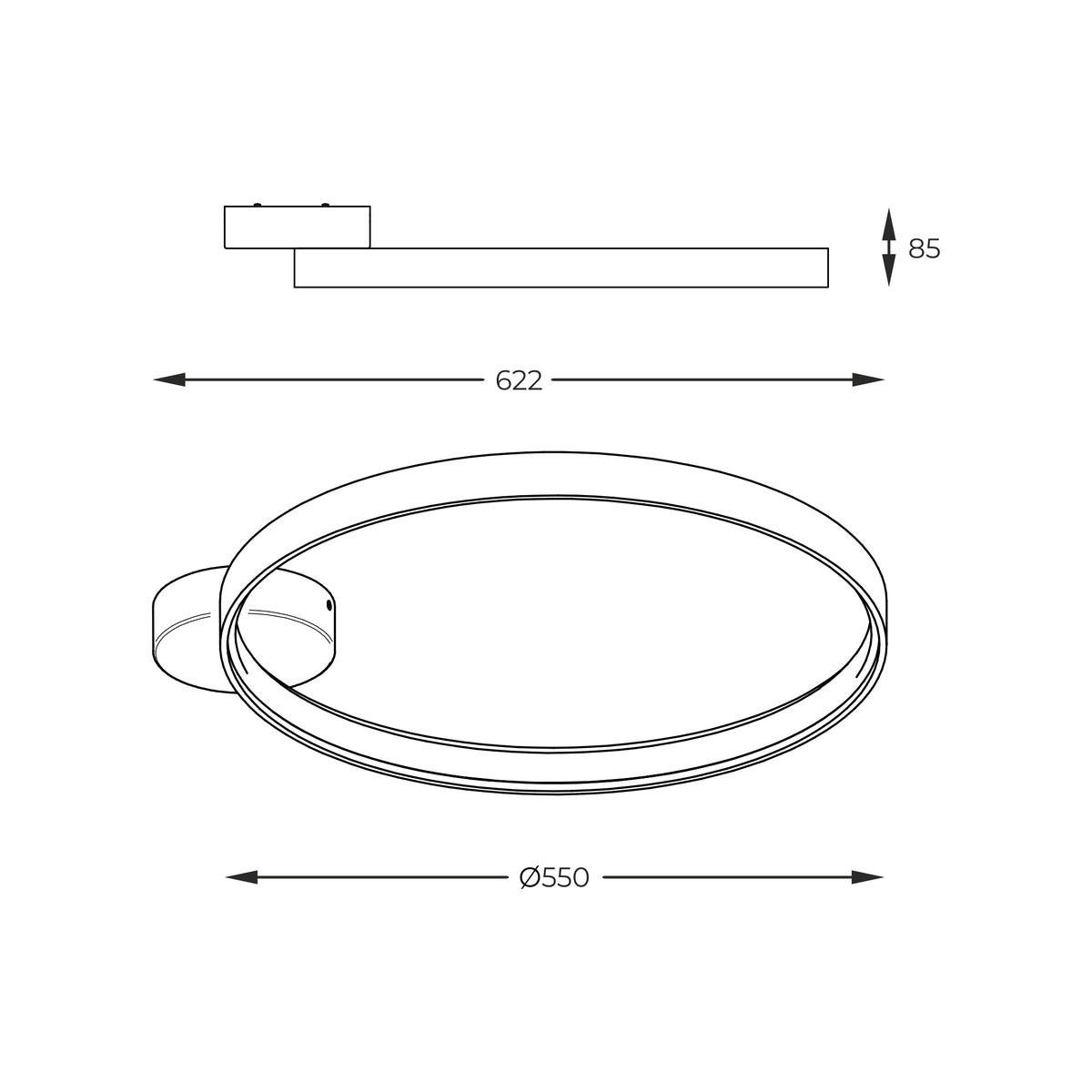 Schéma technique coté du plafonnier : largeur 622 mm, diamètre 550 mm, hauteur 85 mm