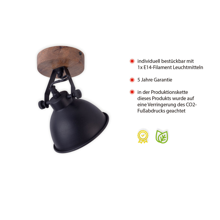 Vue de trois quarts avec annotations allemandes, garantie et compatibilité E14 filament.