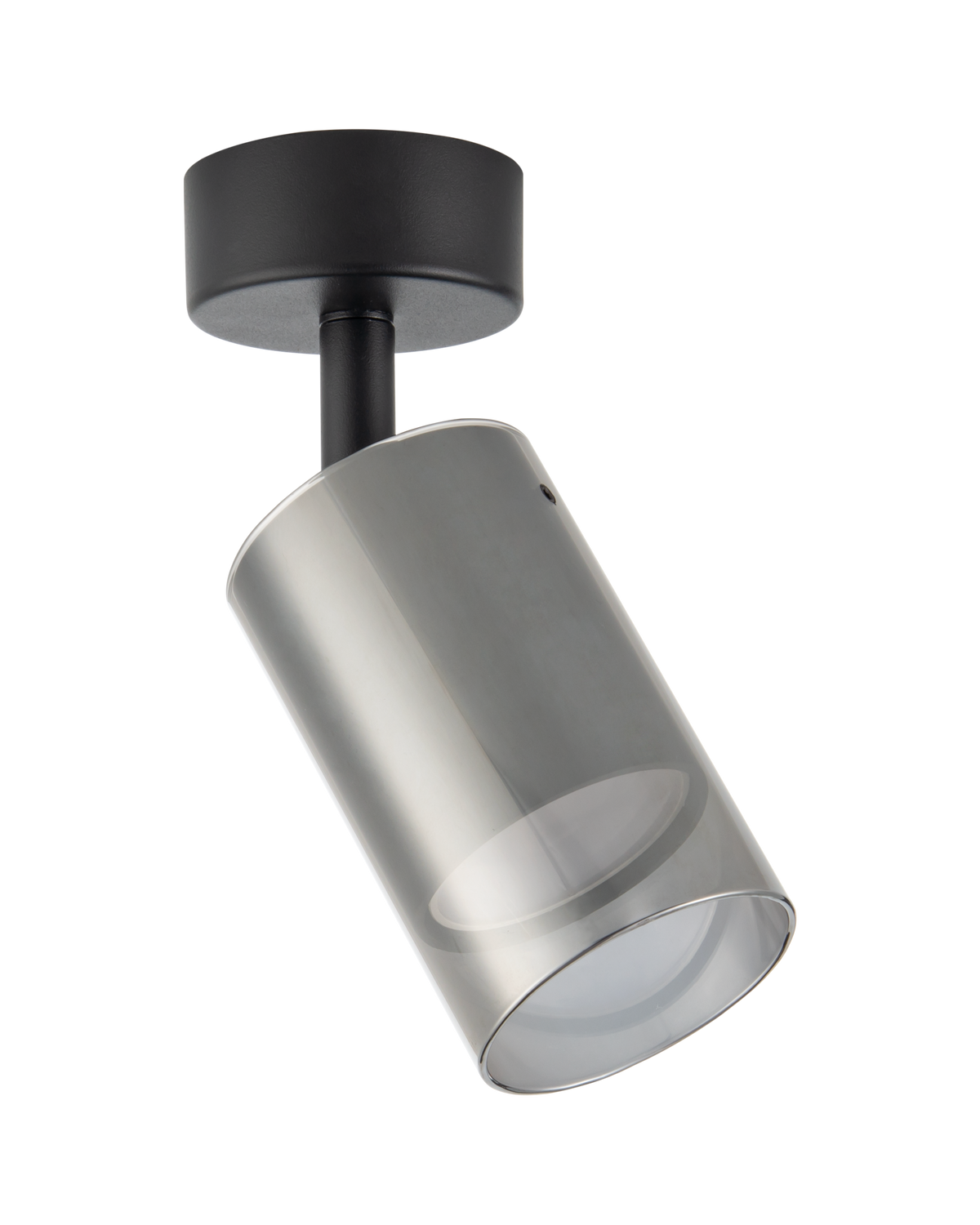 Vue du luminaire noir avec diffuseur cylindrique en verre fumé et support orientable.