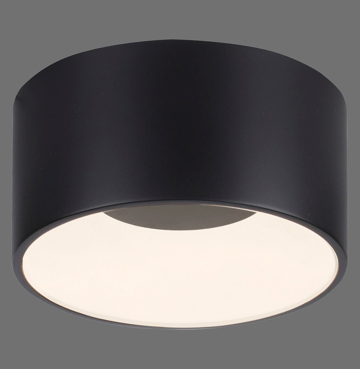Plafonnier noir cylindrique vu de face, diffuseur blanc opale allumé sur fond gris neutre