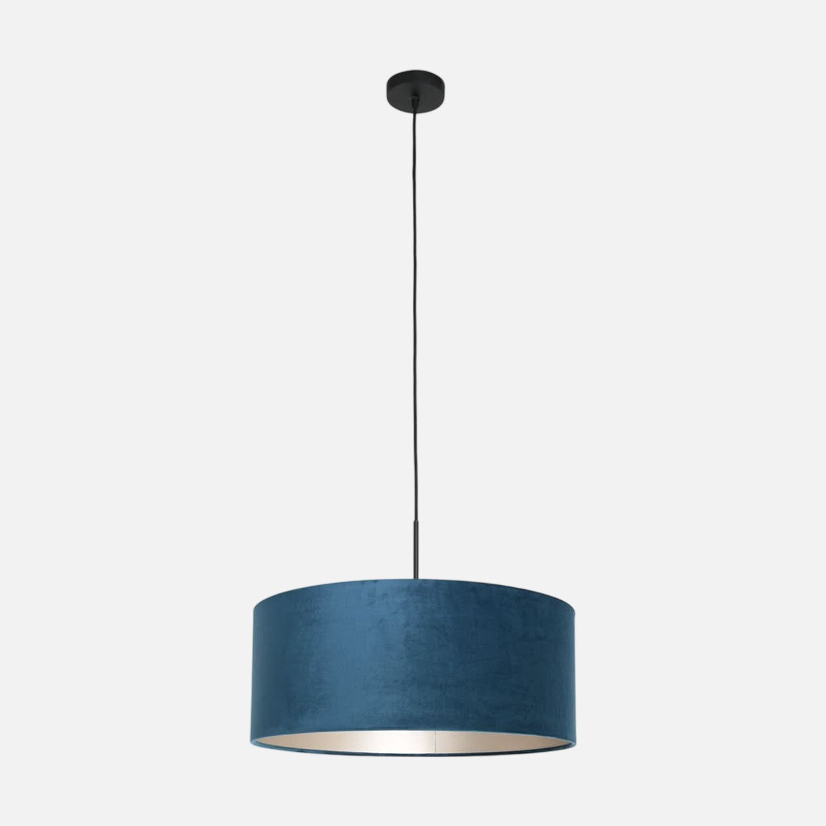 Suspension velours bleu abat-jour tambour Ø50 cm câble noir | Designix