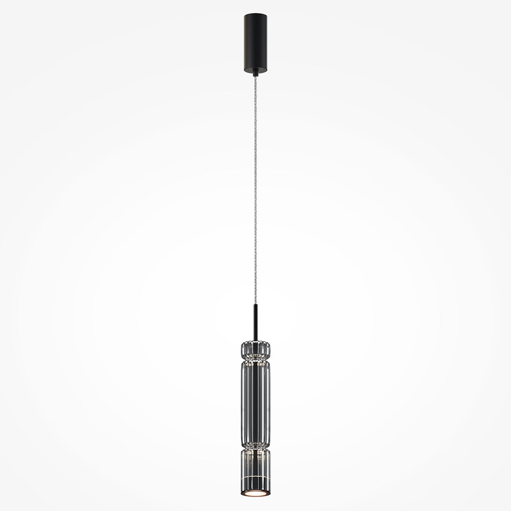 Suspension noire de face, long câble tressé et diffuseur en verre strié