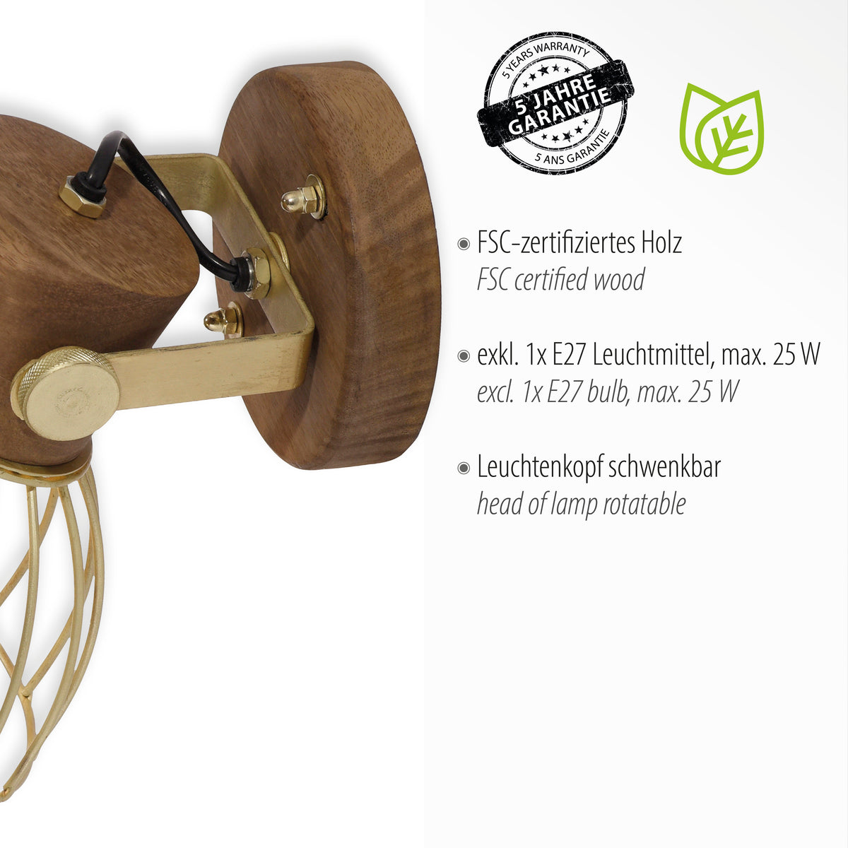Détail technique avec socle bois, mention FSC, douille E27 et rotation possible.