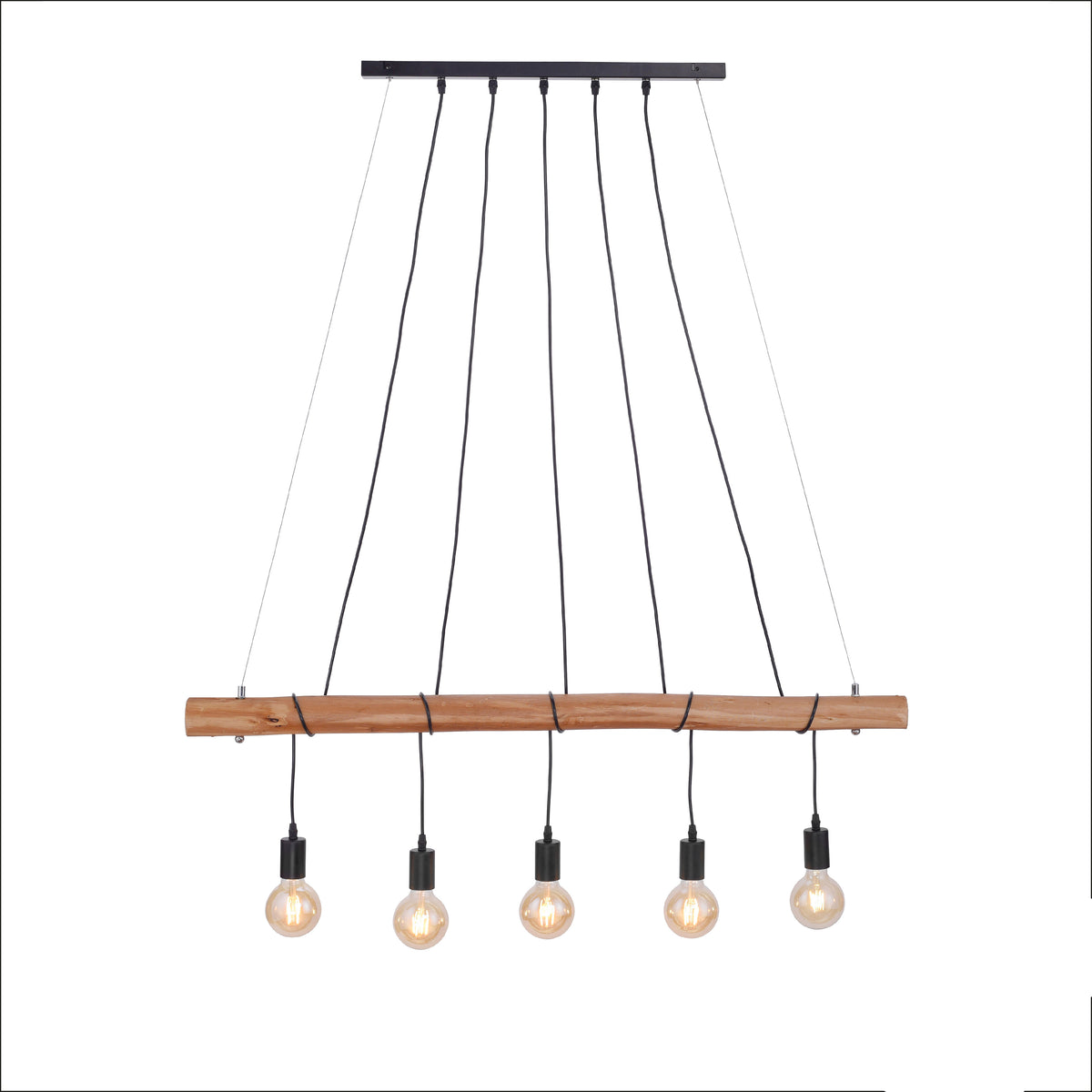 Vue de face du luminaire suspendu, poutre en bois et câbles noirs
