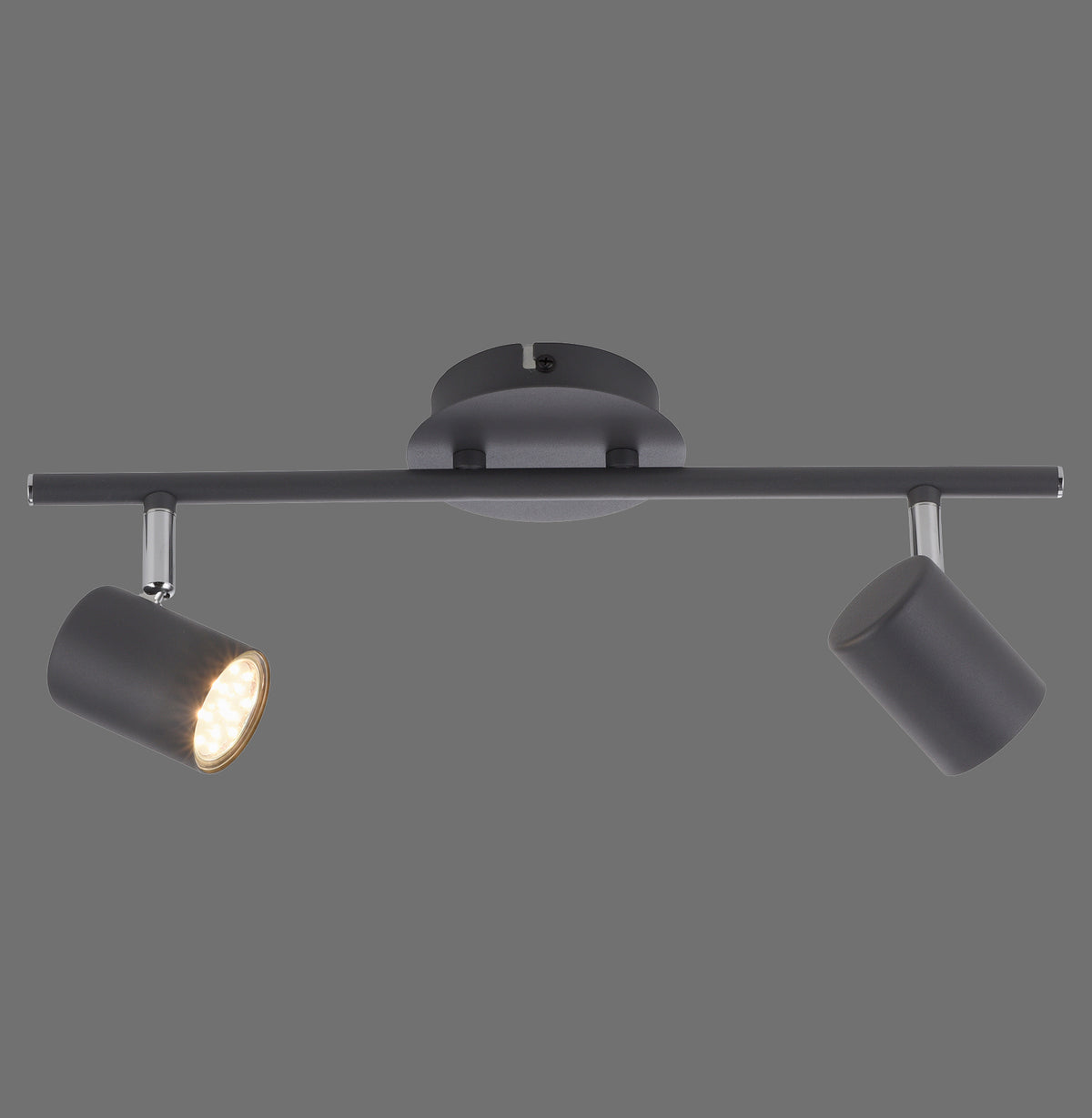 Plafonnier anthracite deux spots cylindriques orientables sur barre horizontale, vue de face