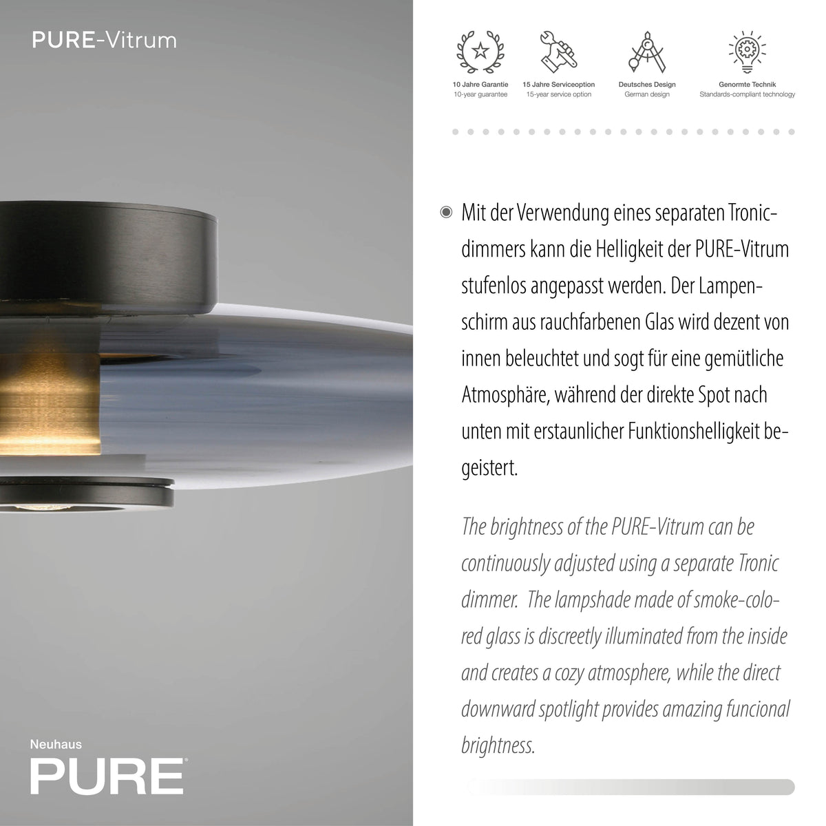 Fiche produit du plafonnier avec icônes garantie dix ans et design allemand