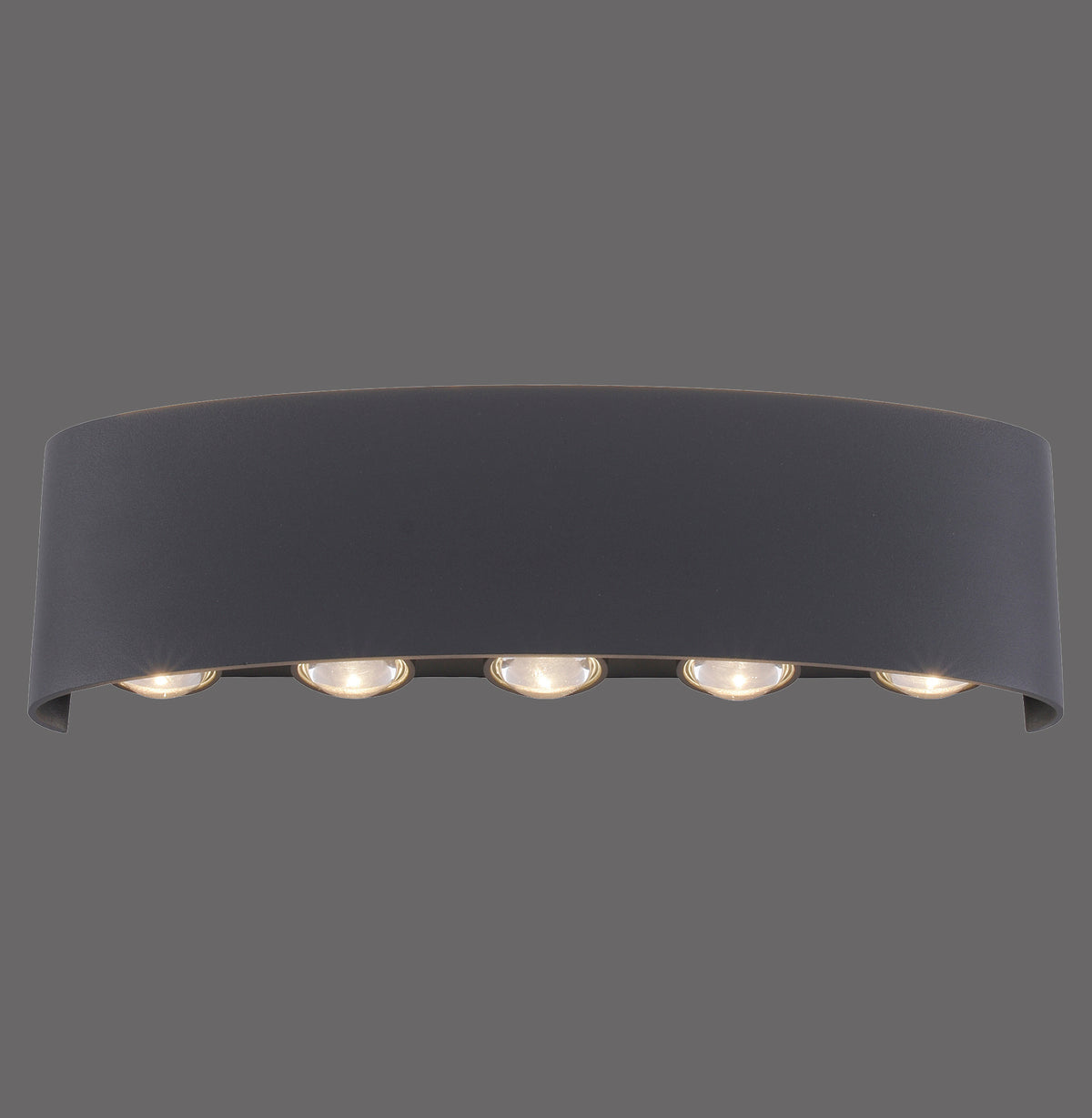 Applique murale anthracite vue de face, cinq spots LED alignés sous un bandeau courbe