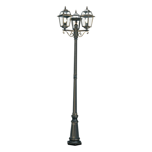 Lampadaire d'extérieur New Orleans en verre, noir doré et transparent, 3 lumières, hauteur 227 cm, IP44