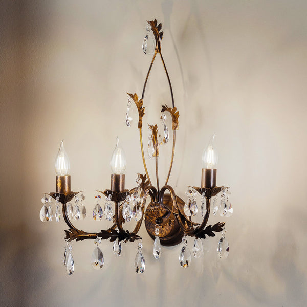 Applique murale Teresa en cristal, bronze et transparent, 3 lumières, hauteur 51 cm