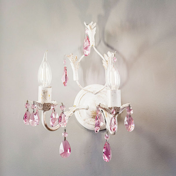 Applique murale Kate en cristal, blanc et rose, 2 lumières, hauteur 31 cm