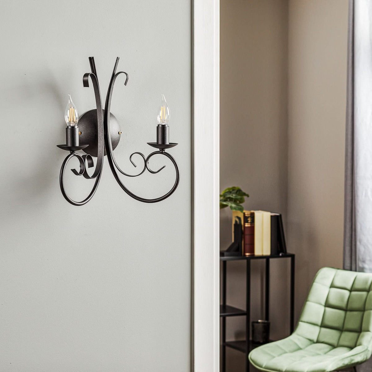 Applique murale Pompei en métal, noir, 2 lumières, hauteur 38 cm